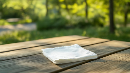 White napkin on a wooden table in the garden. Selective focus.の写真素材