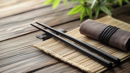 Chopsticks and bamboo mat on wooden table, closeup. Space for textの写真素材