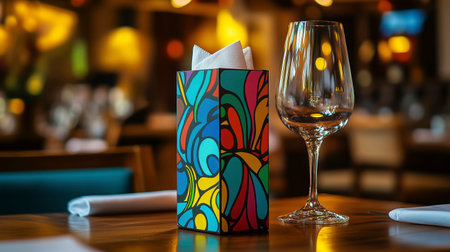 Gift box with napkin and wine glass on table in restaurantの写真素材