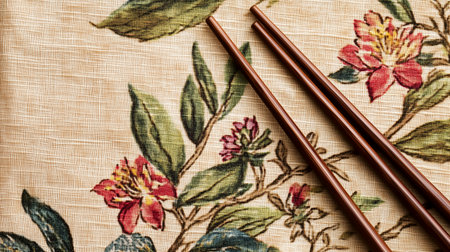 Chopsticks on the background of a fabric with a floral patternの写真素材