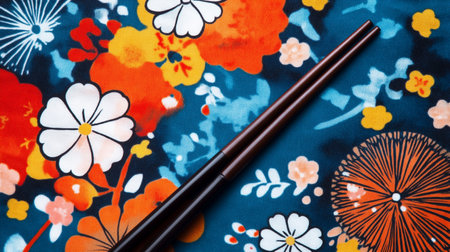 chopsticks on a colorful batik cloth as a background.の写真素材