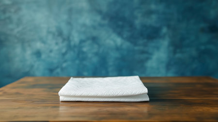 White kitchen towel on a wooden table against a blue wall background.の写真素材