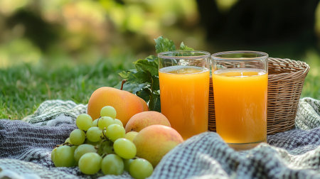 Two glasses of fresh juice and fruit on a blanket in the gardenの写真素材