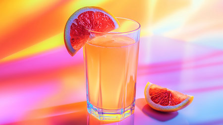 Glass of fresh orange juice with a slice of grapefruit on colorful backgroundの写真素材
