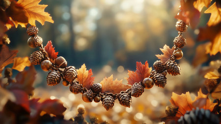 Autumn background with pine cones and oak leaves on bokehの写真素材