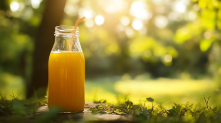 Fresh orange juice in a bottle on a wooden table in the gardenの写真素材