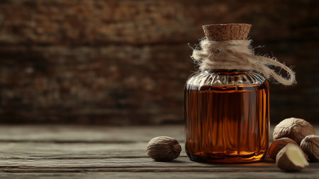 Bottle of essential oil with nuts on wooden table, closeupの写真素材