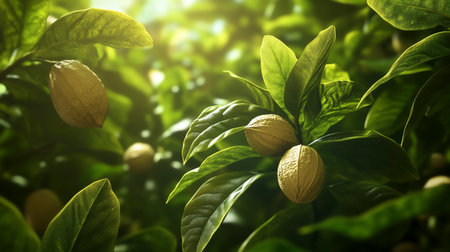 Coffee tree with green leaves and fruits, close-upの写真素材