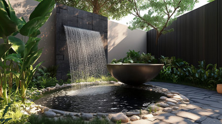 3d rendering of a garden design with a fountain in a backyard