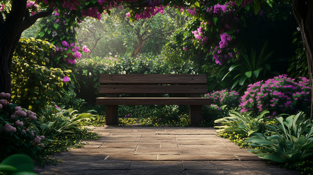 Wooden bench in the garden with blooming flowers in the morningの写真素材