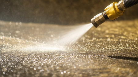 Close up of a water sprinkler spraying water on a golden backgroundの写真素材