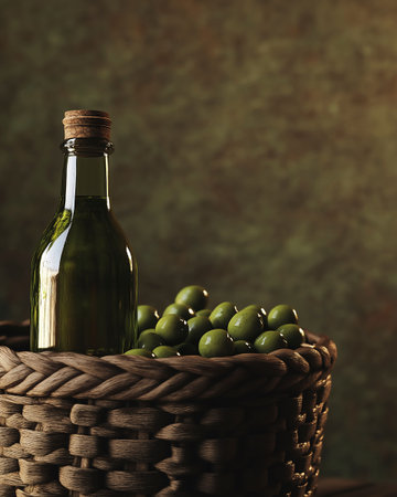 olive oil and green olives in a basket on a dark backgroundの写真素材