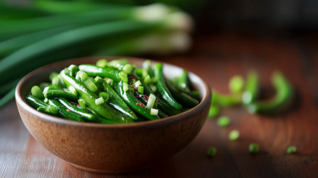 Green onions in a bowl on a wooden table, selective focusの写真素材