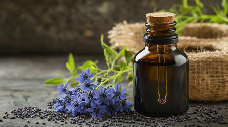 Bottle of essential oil and blue flowers on grey table, closeupの写真素材