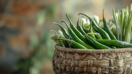 Green hot chili peppers in a basket on a rustic background.の写真素材