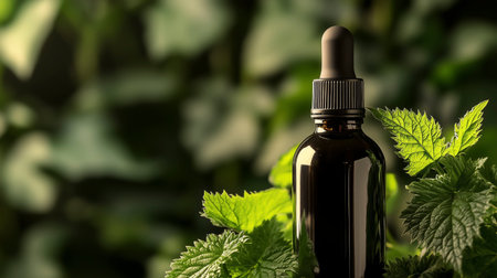 Glass bottle of nettles essential oil with fresh nettle leaves.