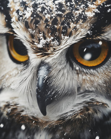 Close up of a beautiful owl with snow in the beak.の写真素材