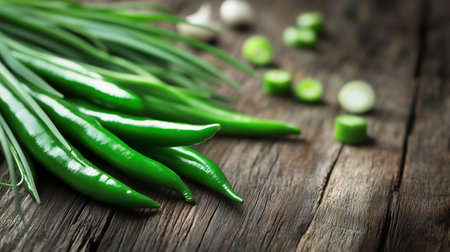 Fresh green chilies on a dark wooden background. Selective focus.の写真素材