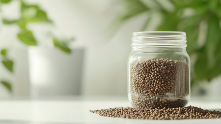 Glass jar with hemp seeds on table indoors, closeup. Space for text