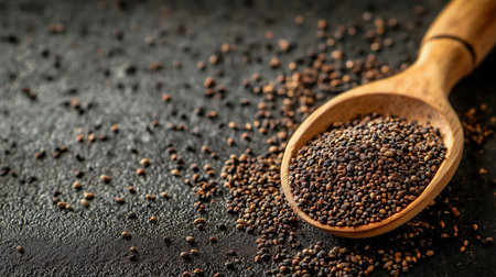 Black Chia seeds in wooden spoon on black background with copy spaceの写真素材