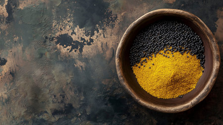 Yellow and black lentils in a wooden bowl on a rustic backgroundの写真素材