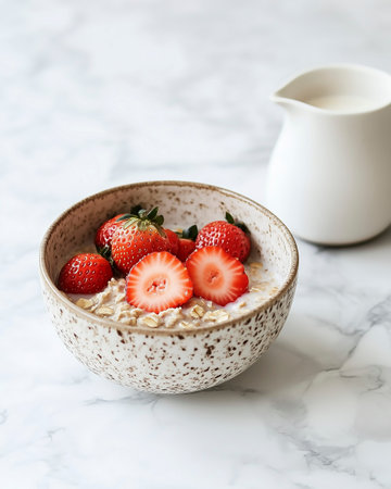 Healthy breakfast bowl with oatmeal, fresh strawberries and milk on white marble table.の写真素材