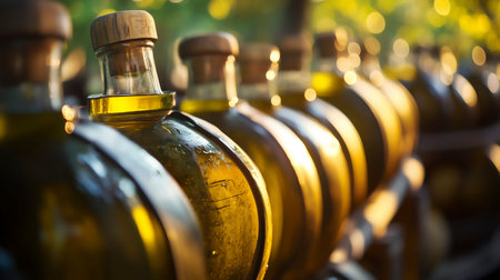 Bottles of olive oil on a production line in sunlight