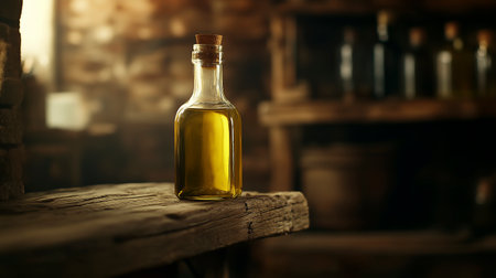 Bottle of olive oil on a wooden shelf in a rustic kitchenの写真素材