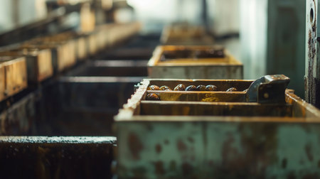 Rusty metal box in industrial factory. Selective focus and shallow depth of field.