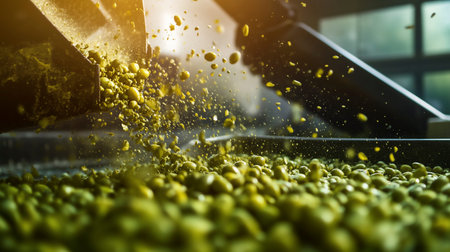 Pouring soybeans into tractor trailer. Close-up of soybeans being poured into tractor trailer
