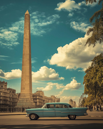 Retro car in front of the Obelisk in central London.の写真素材