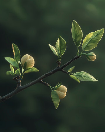 Lemon tree branch with green leaves and buds in spring time.の写真素材