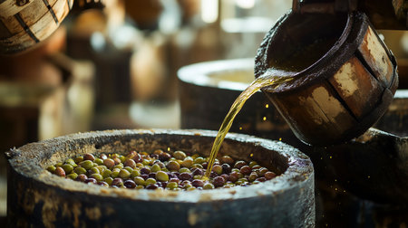 Olive oil being poured into a wine barrel with olives in the backgroundの写真素材