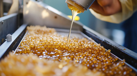 Close-up of a beekeeper pouring honey into the honeycombsの写真素材