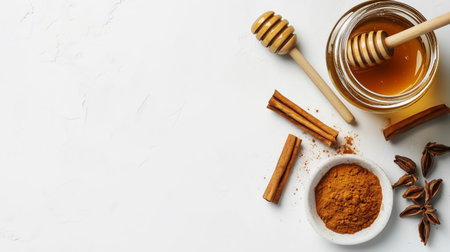 Honey, cinnamon, star anise and spices on white backgroundの写真素材