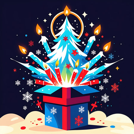 A creative Christmas illustration featuring a glowing gift box bursting with a layered tree, radiant candles, and colorful snowflakes against a dark, magical backgroundの素材