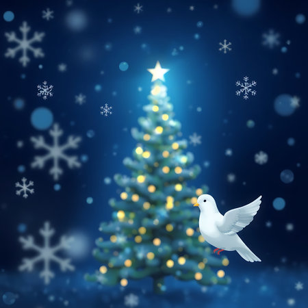 A magical Christmas night scene featuring a glowing tree crowned with a star and a white dove in flightâsymbolizing peace, hope, and festive serenity amidst softly falling snowの素材