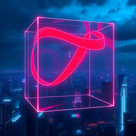 A glowing pink ribbon-like infinity structure inside a neon cube above a futuristic city, symbolizing World AIDS Day, awareness, and enduring support for people living with HIV/AIDの素材