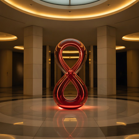 A glossy red infinity sculpture in a circular hall, symbolizing World AIDS Day, eternal solidarity, awareness, and support for people living with HIV/AIDS.の素材