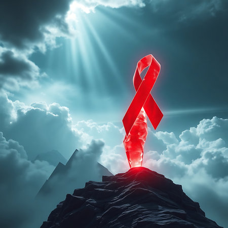 A glowing red ribbon atop a mountain peak, symbolizing World AIDS Day, struggle, hope, and global compassion for people living with HIV/AIDS.の素材