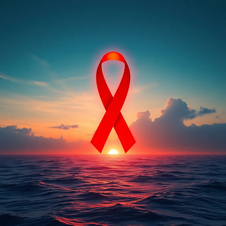 A red ribbon floats above a tranquil ocean at sunset, symbolizing World AIDS Day, awareness, hope, and global compassion for people living with HIV/AIDS.の素材