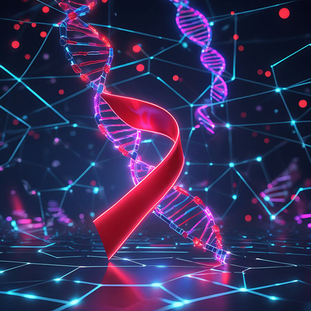 A glowing red ribbon surrounded by neon DNA strands and hexagonal nodes, symbolizing World AIDS Day, genetic research, and global awareness of HIV/AIDS.の素材