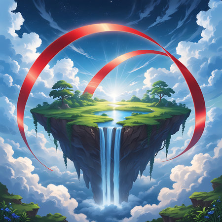 A floating island with red ribbons above the clouds, symbolizing World AIDS Day, awareness, and compassion for people living with HIV/AIDS.の素材