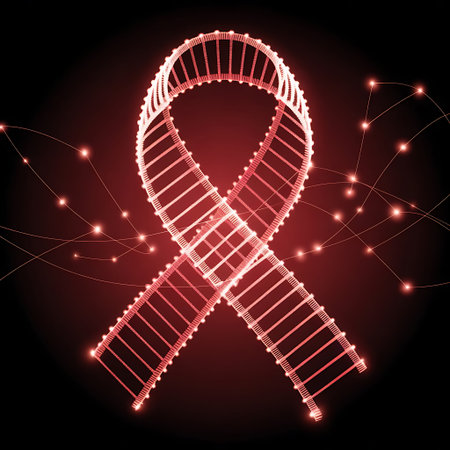 A glowing red awareness ribbon shaped like DNA, symbolizing World AIDS Day, scientific progress, and global solidarity with HIV/AIDS patients.の素材