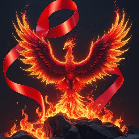 A phoenix rising from flames with a red ribbon symbolizes the indomitable hope, rebirth, and resilience of World AIDS Day against adversity.の素材