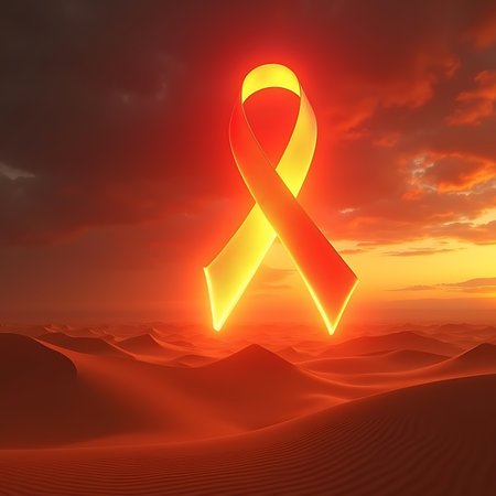 A brilliant red-orange ribbon, glowing over the desert under a dramatic sunset, symbolizes the hope and unwavering resilience for World AIDS Day.の素材