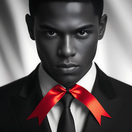 A determined individual wears a red ribbon, signifying the resolute commitment to World AIDS Day. It highlights unwavering awareness and support for those affected by AIDS.の素材