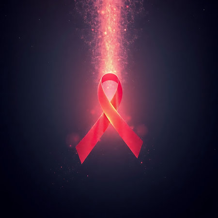 A red ribbon radiates brilliant stardust, spreading a light of hope and awareness for World AIDS Day. It signifies the importance of solidarity and saving lives.の素材