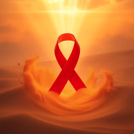This AI-generated image symbolizes World AIDS Day through the glowing red ribbon â a universal emblem of awareness, love, and remembrance. Surrounded by golden light and rising misの素材
