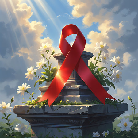 This AI-generated artwork symbolizes World AIDS Day, featuring a bright red ribbon â the universal emblem of AIDS awareness â resting gracefully upon a stone pedestal surrounded byの素材